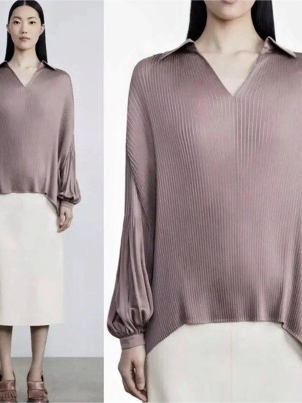 Lafayette 148 New York Pleated Blouse in Gray XL Like New